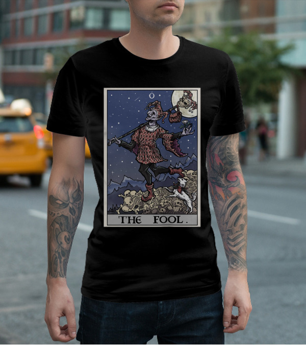 The Fool Tarot Card Gothic Halloween Jester On Skull Pile T-Shirt