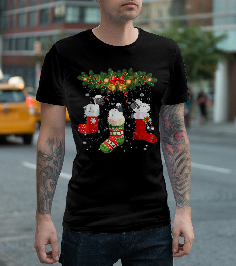 Three Sheeps In Christmas Stockings Bells Garland Snowflakes Holiday T-Shirt