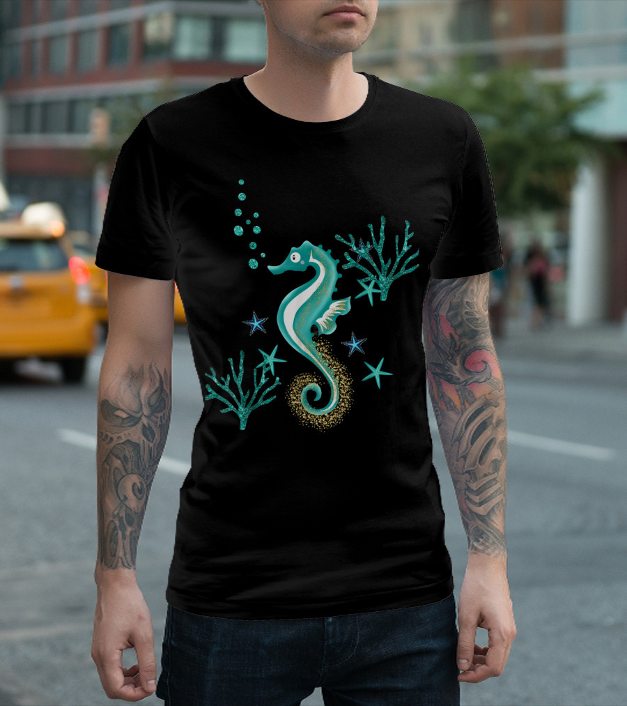 Turquoise Seahorse Ocean Coral and Starfish T-Shirt