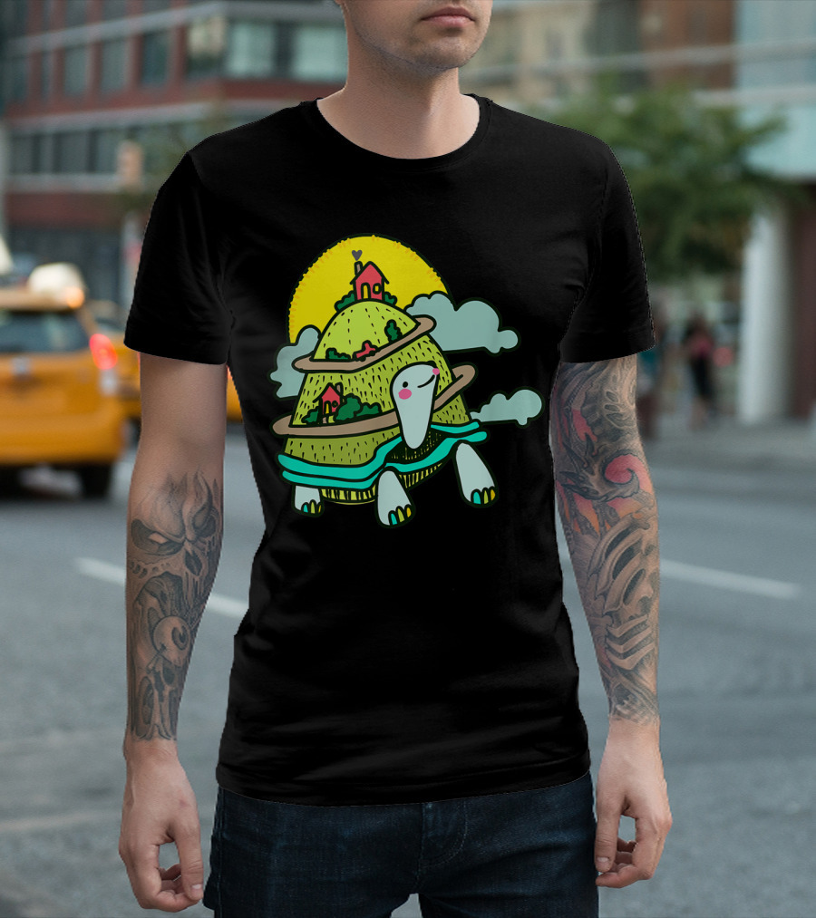 Turtle Life on a Mountain Path with Houses and Sun T-Shirt