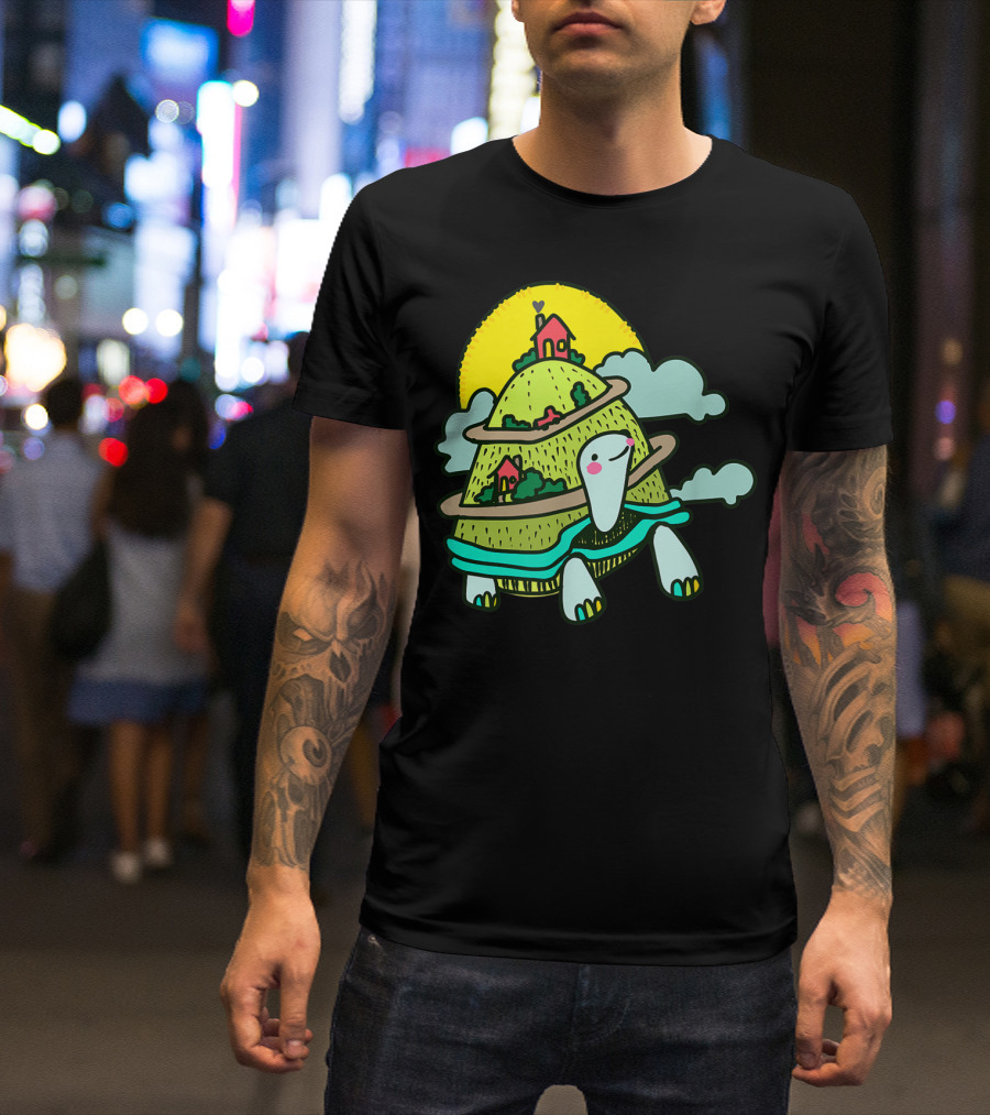 Turtle Life On A Mountain Path With Houses And Sun T-Shirt
