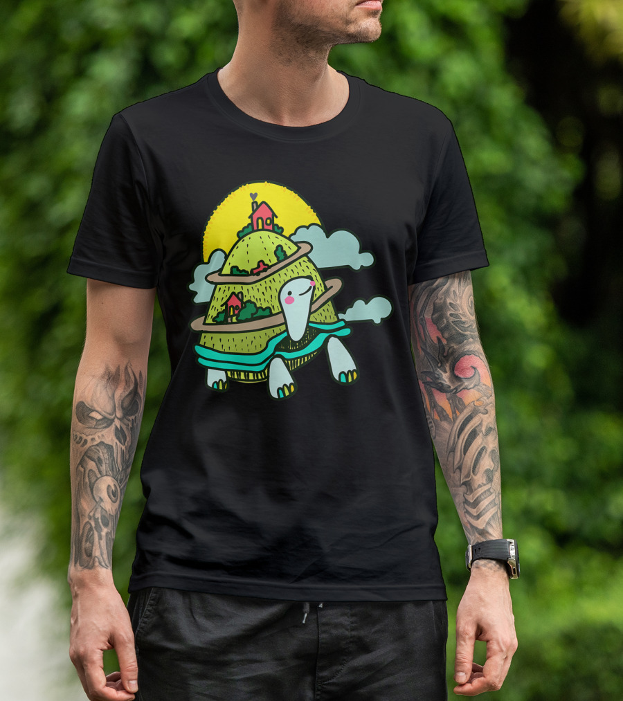 Turtle Life On A Mountain Path With Houses And Sun T-Shirt