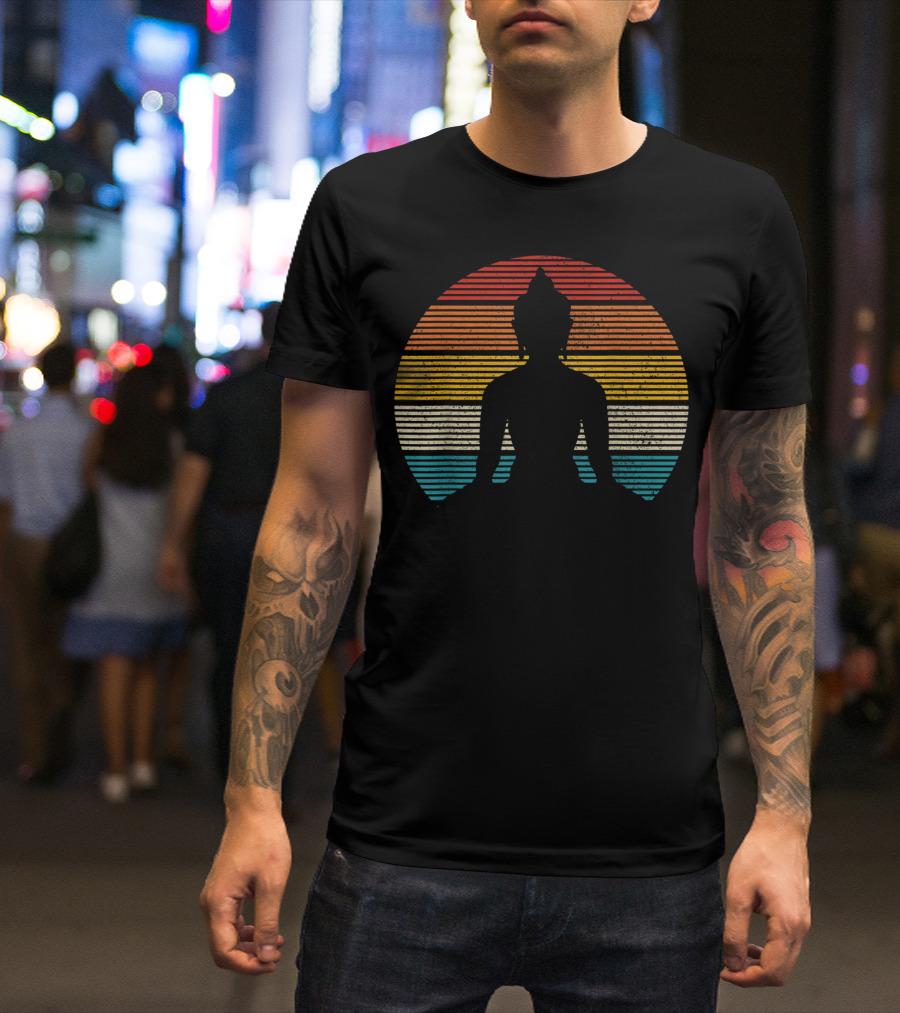 Vintage Buddha Meditation Silhouette Zen Yoga Spiritual Stripes T-Shirt