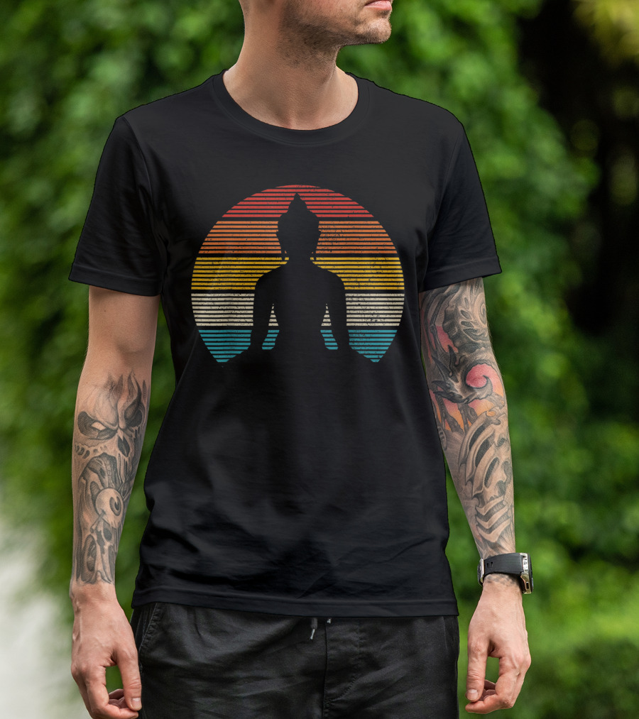 Vintage Buddha Meditation Silhouette Zen Yoga Spiritual Stripes T-Shirt