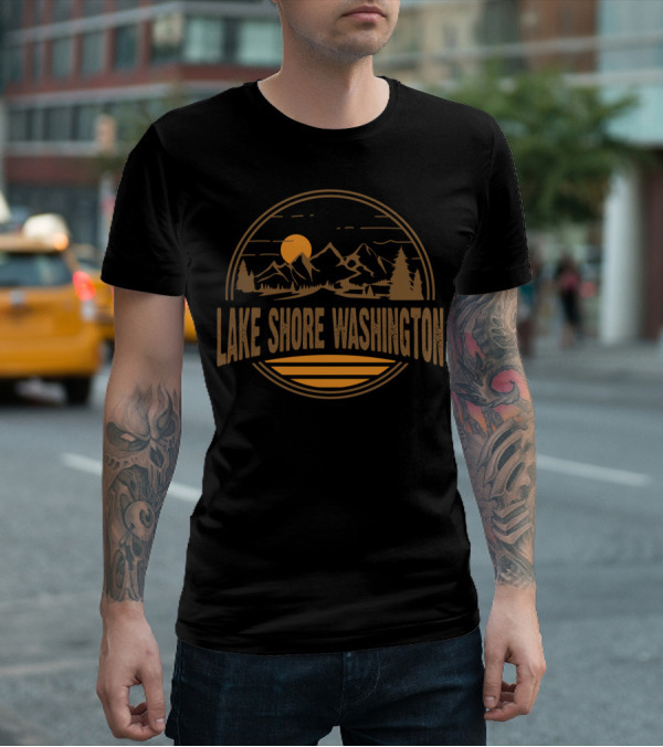 Lake Shore Washington Vintage Mountain Sunset Scene T-Shirt