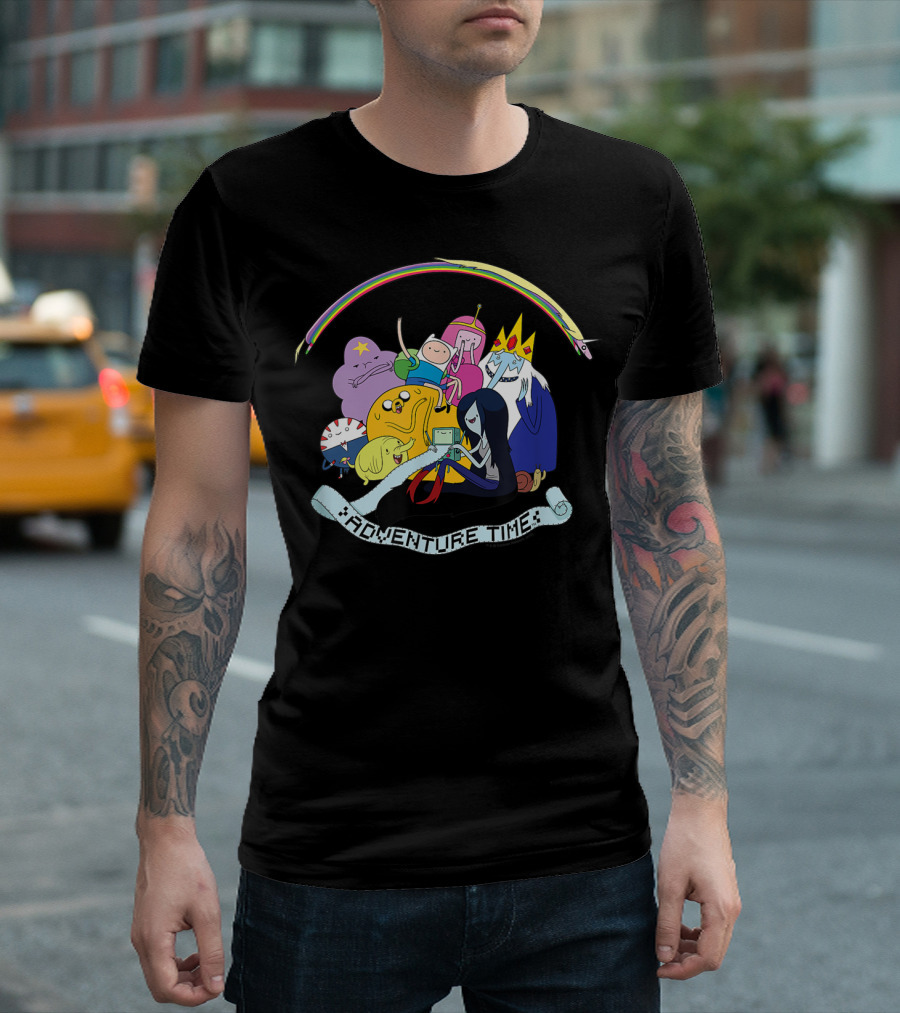 Adventure Time Characters Group With Rainbow And Script Banner T-Shirt