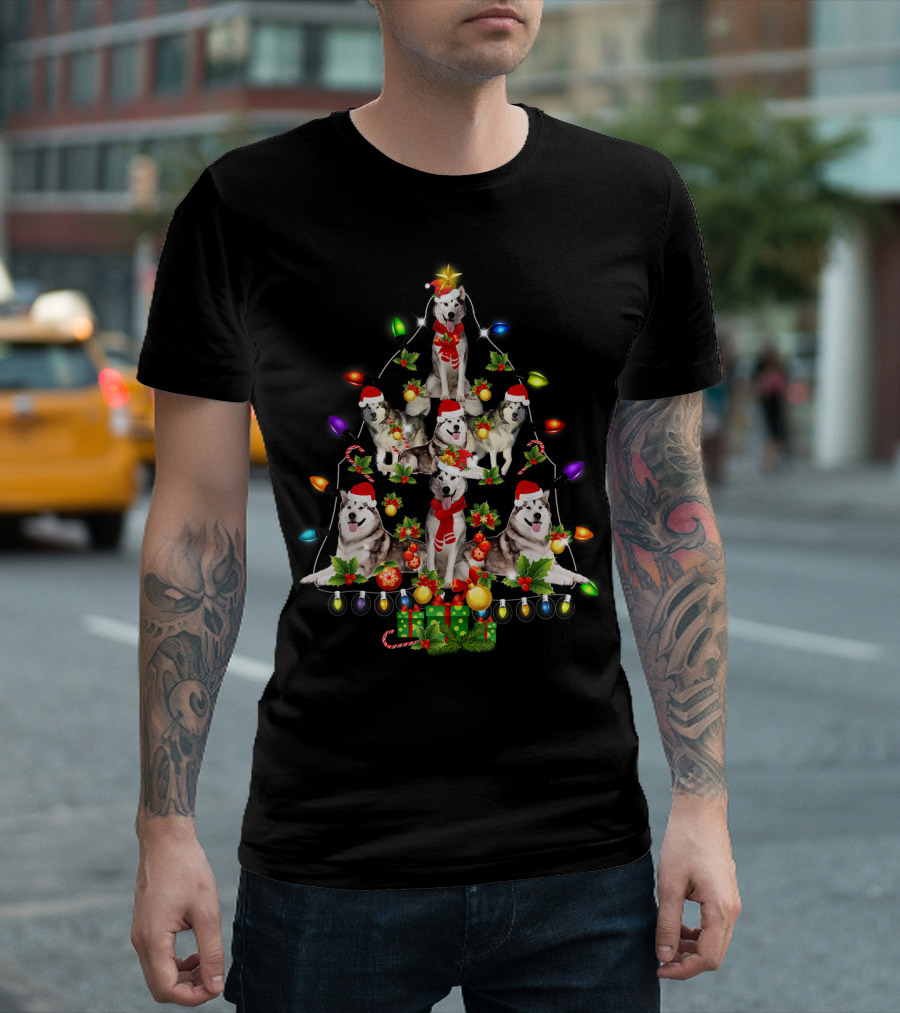 Alaskan Malamute Christmas Tree with Funny Dogs and Festive Lights T-Shirt