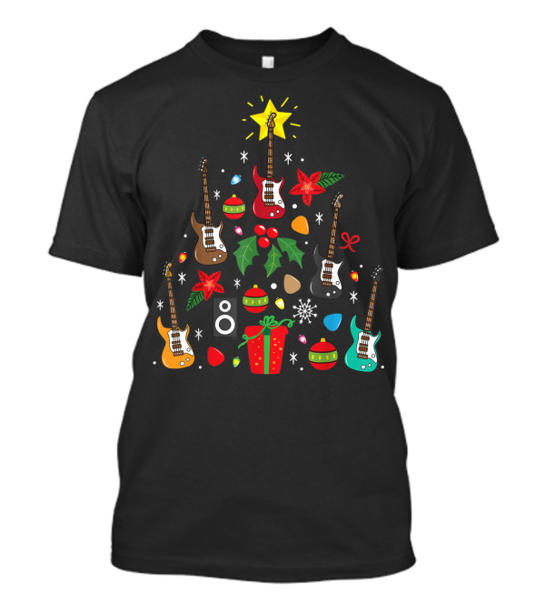 Bass Guitar Christmas Ornament Tree Music Holiday Festive Lights And Presents T-Shirt