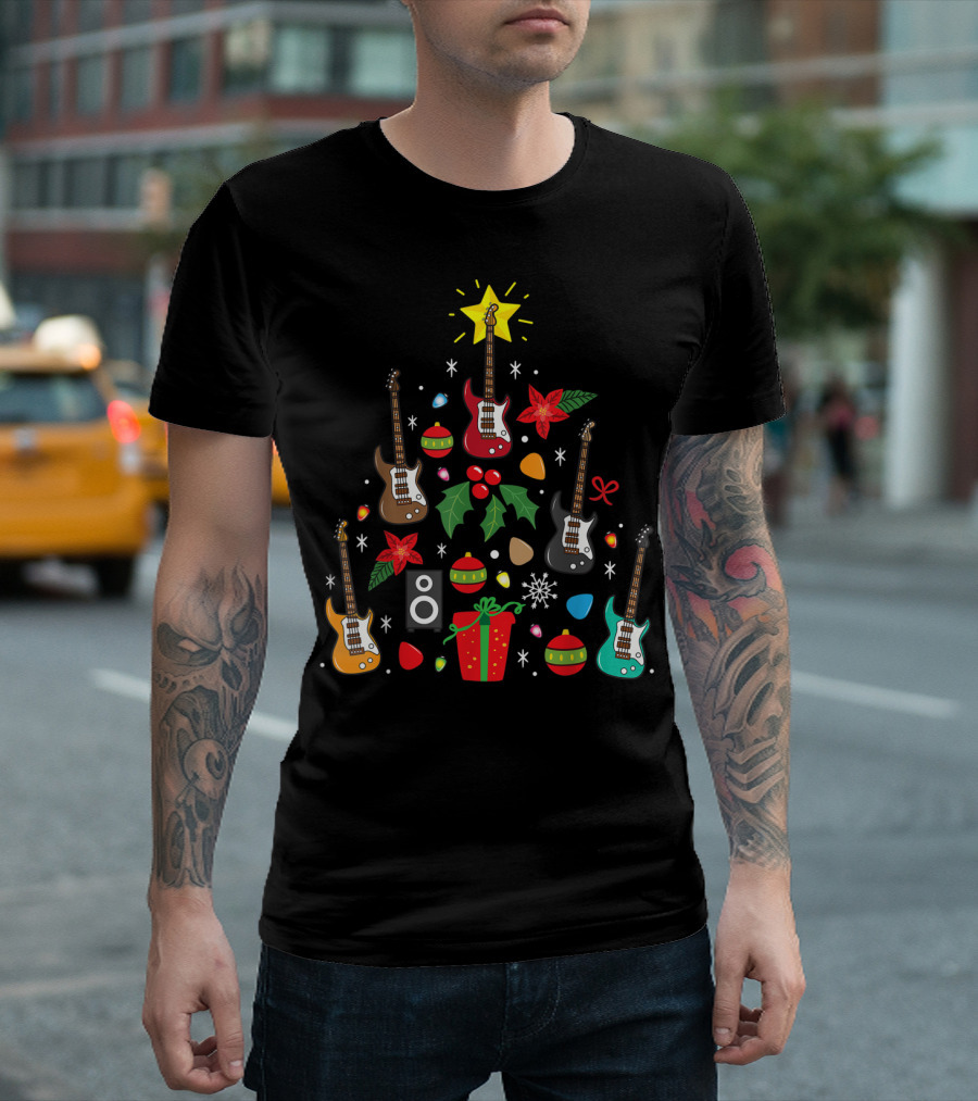 Bass Guitar Christmas Ornament Tree Music Holiday Festive Lights And Presents T-Shirt