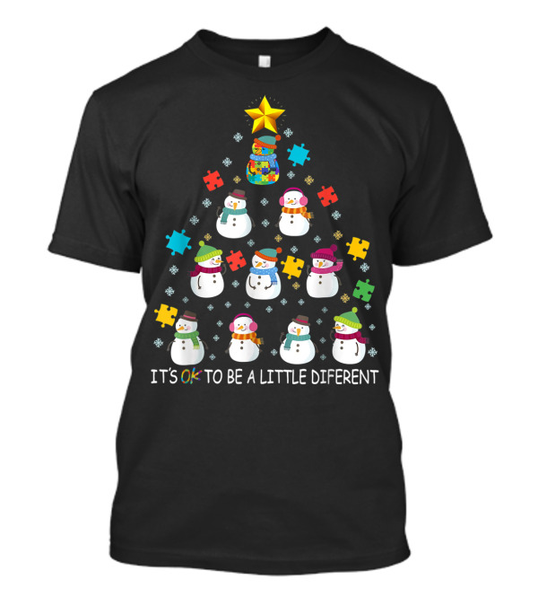 IT'S OK TO BE A LITTLE DIFERENT Snowman Autism Puzzle Tree T-Shirt