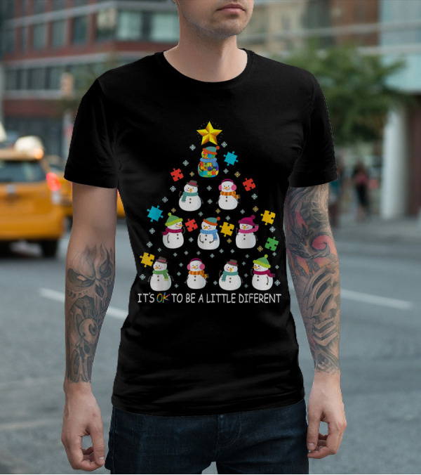 IT'S OK TO BE A LITTLE DIFERENT Snowman Autism Puzzle Tree T-Shirt