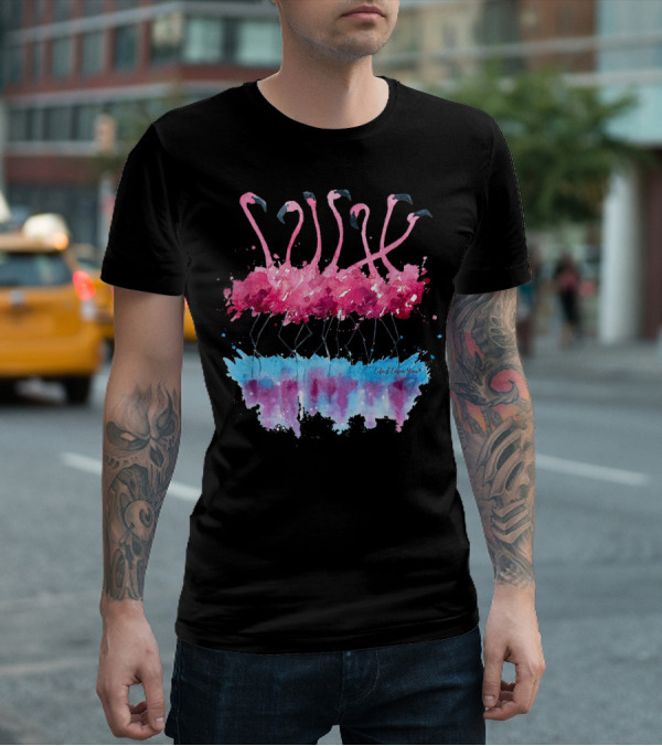 Dancing Pink Flamingos With Colorful Life I Love You Watercolor Reflection T-Shirt