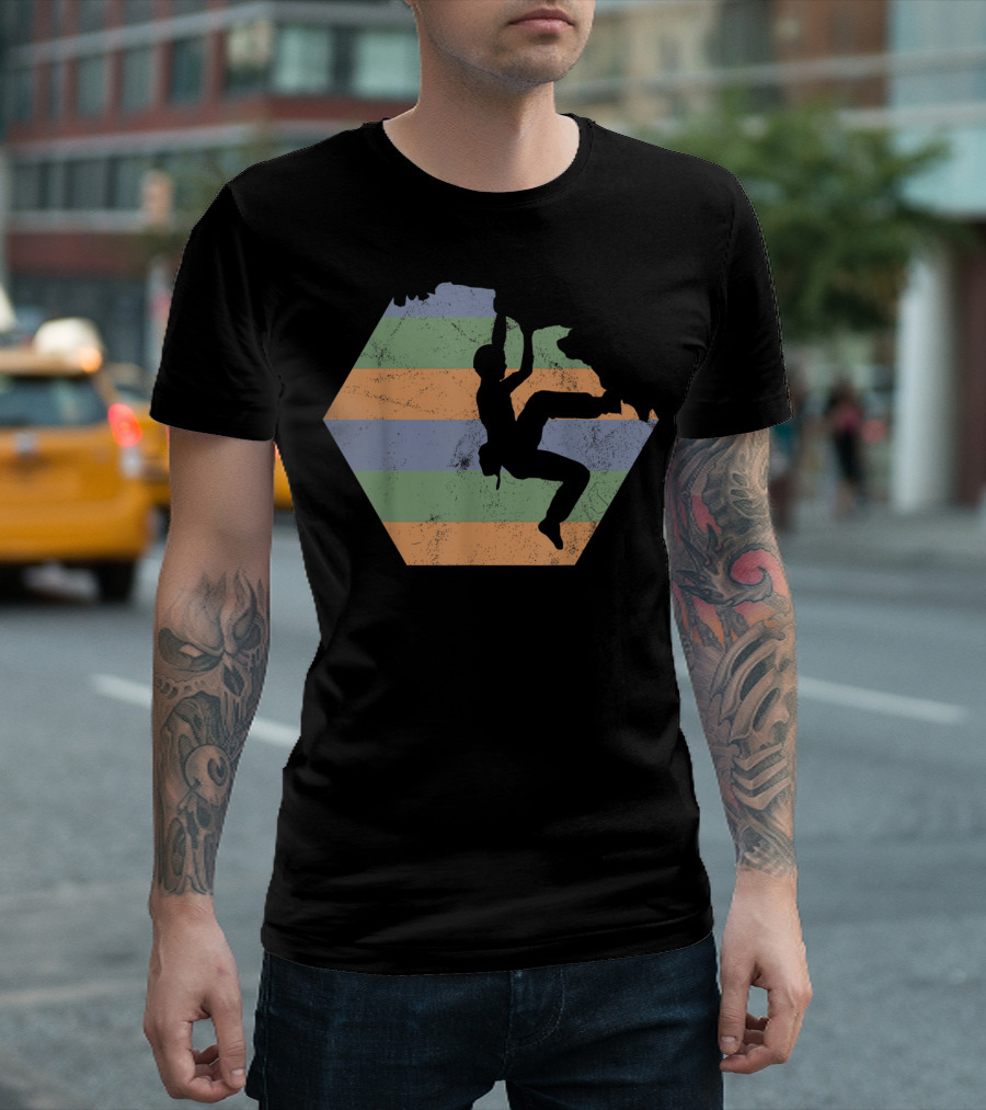 Bouldering Rock Climbing Climber Silhouette with Stripes T-Shirt