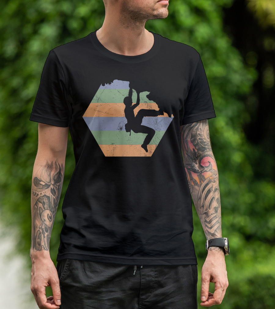 Bouldering Rock Climbing Climber Silhouette With Stripes T-Shirt