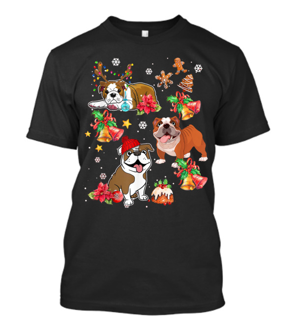 Bulldog Christmas Ornament Decoration With Bells And Gingerbread T-Shirt