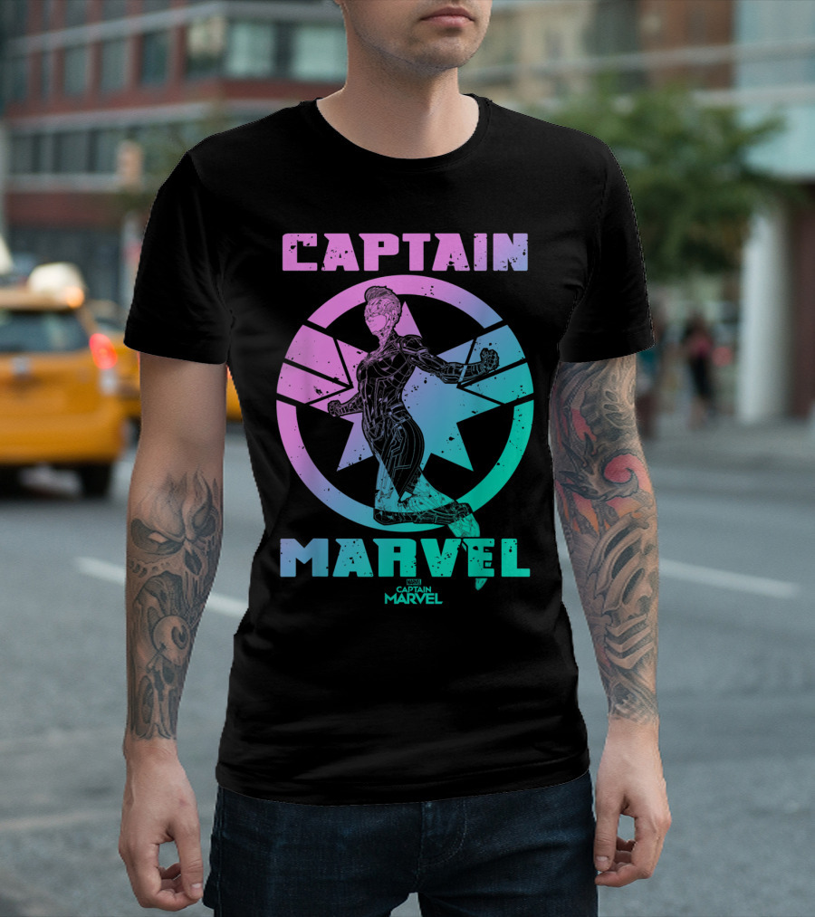 Captain Marvel Star Emblem Spectrum Heroine Pose T-Shirt