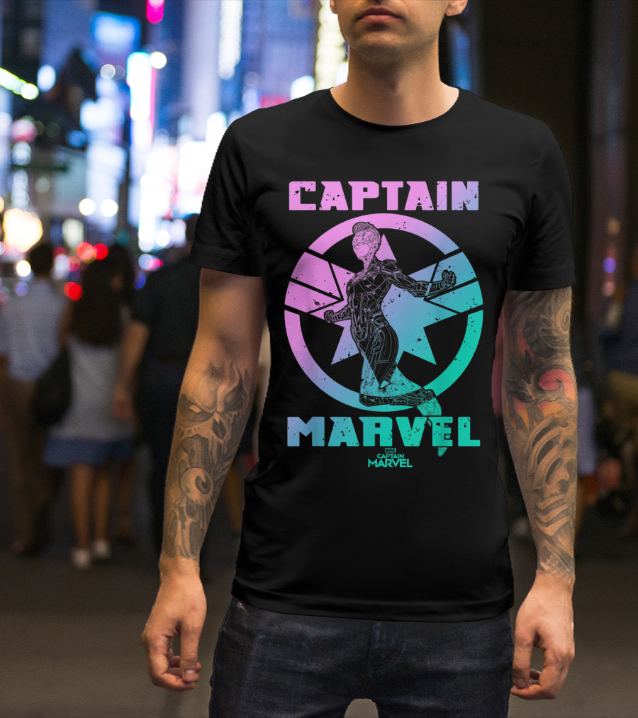 Captain Marvel Star Emblem Spectrum Heroine Pose T-Shirt