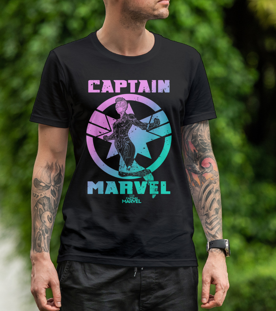 Captain Marvel Star Emblem Spectrum Heroine Pose T-Shirt