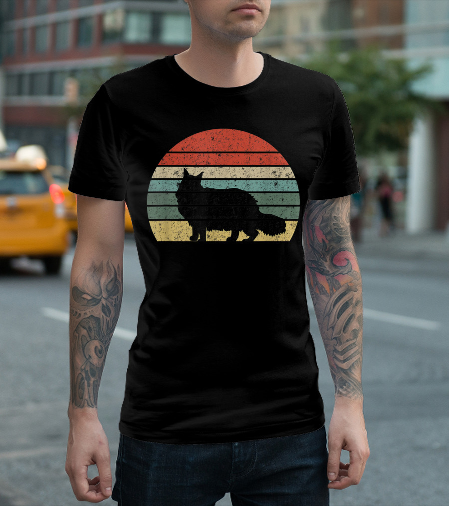 Retro Sunset Silhouette Maine Coon Cat Lover T-Shirt