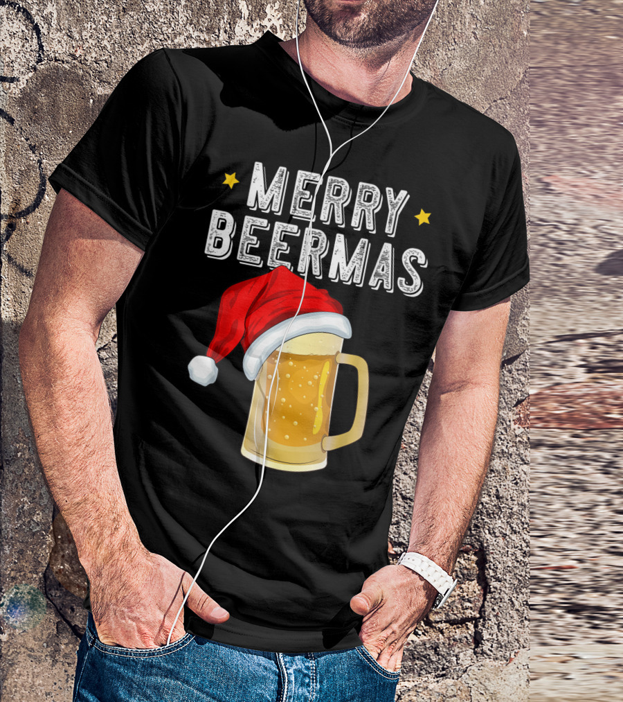 Merry Beermas Christmas Beer Santa Hat Beer Mug T-Shirt
