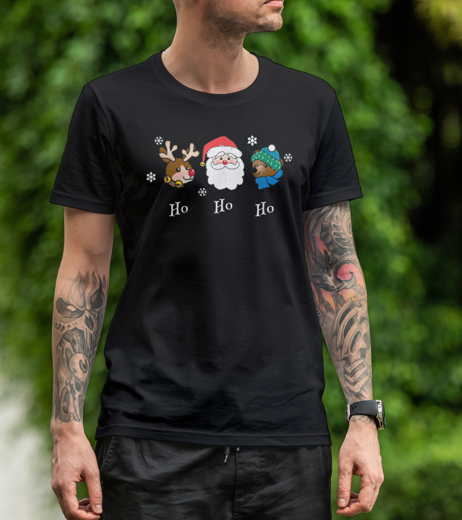 Christmas Ho Ho Ho Santa Reindeer Bear Snowflakes Fun Friendly T-Shirt