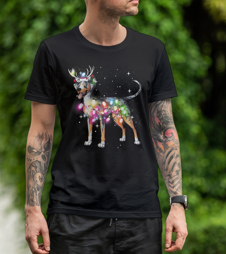 Catahoula Leopard Dog Wrapped In Christmas Lights With Reindeer Antlers And Santa Hat T-Shirt