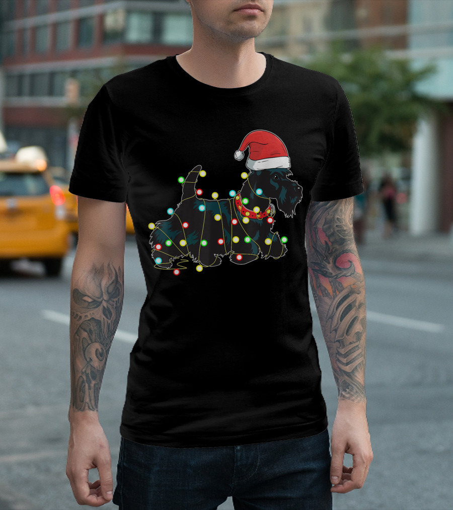 Scottish Terrier Wrapped in Christmas Lights and Santa Hat T-Shirt