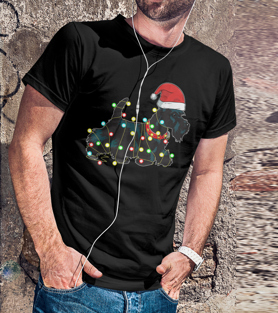 Scottish Terrier Wrapped In Christmas Lights And Santa Hat T-Shirt