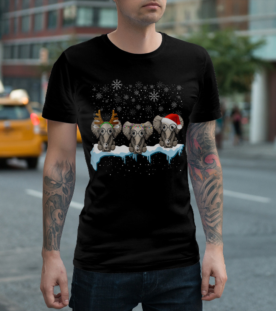 Christmas Three Hippie Elephants with Reindeer Antlers Santa Hat Peace Signs Snowflakes T-Shirt