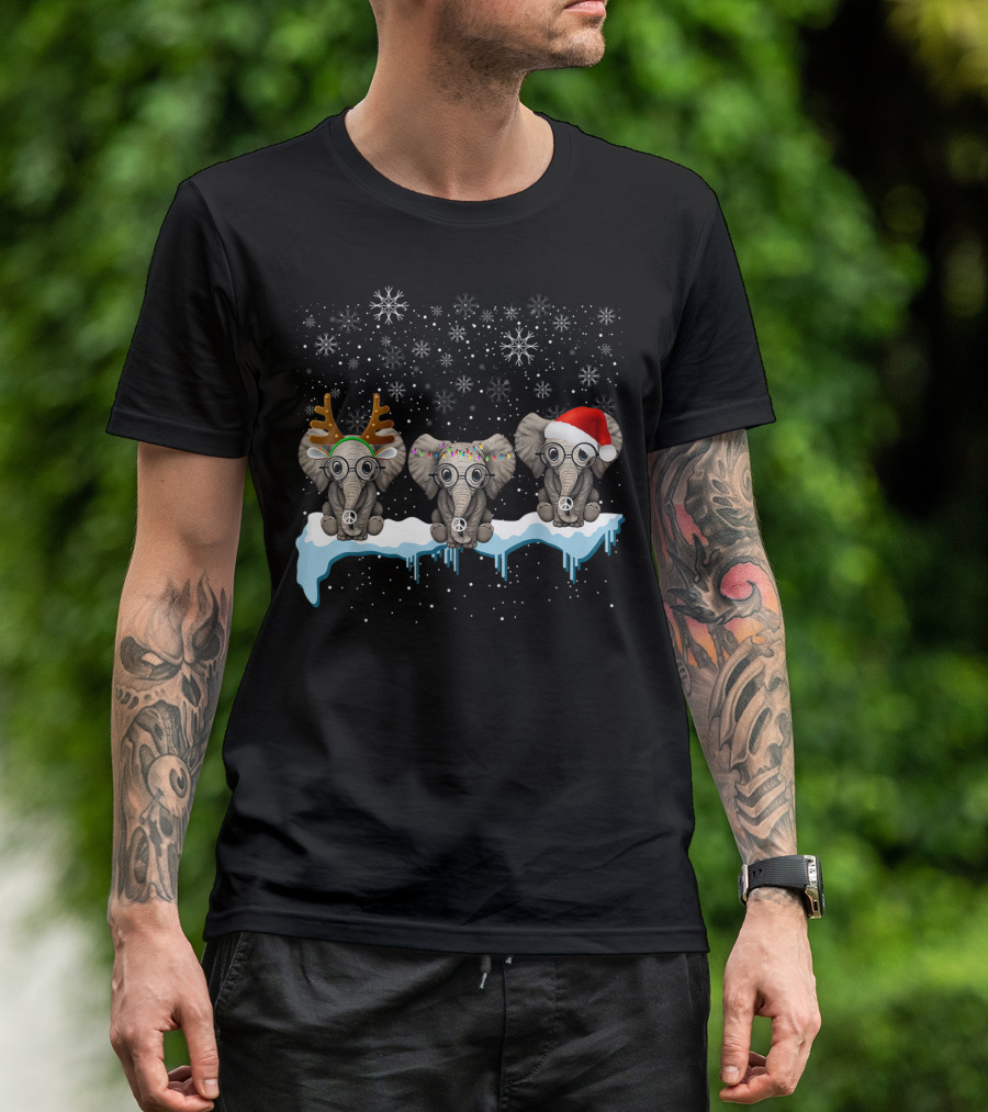 Christmas Three Hippie Elephants With Reindeer Antlers Santa Hat Peace Signs Snowflakes T-Shirt