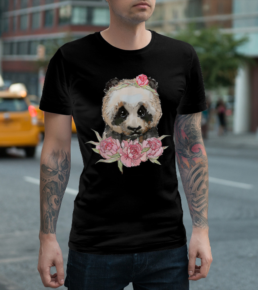 Baby Panda Bear With Pink Flower Crown And Blossoms T-Shirt
