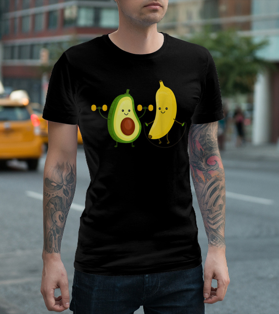 Cute Happy Smiling Banana And Avocado Exercising Together T-Shirt