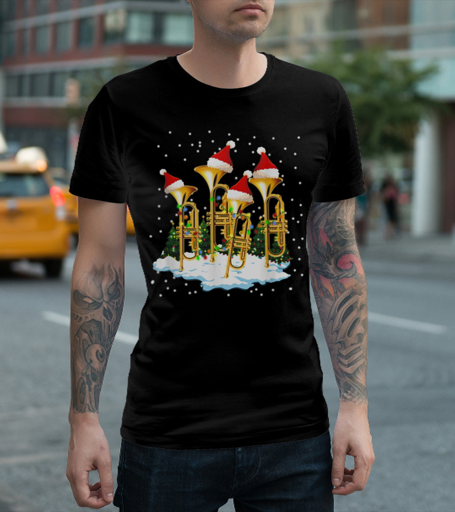 Trumpet Christmas Tree Decor Snowy Holiday Trumpets with Santa Hats T-Shirt