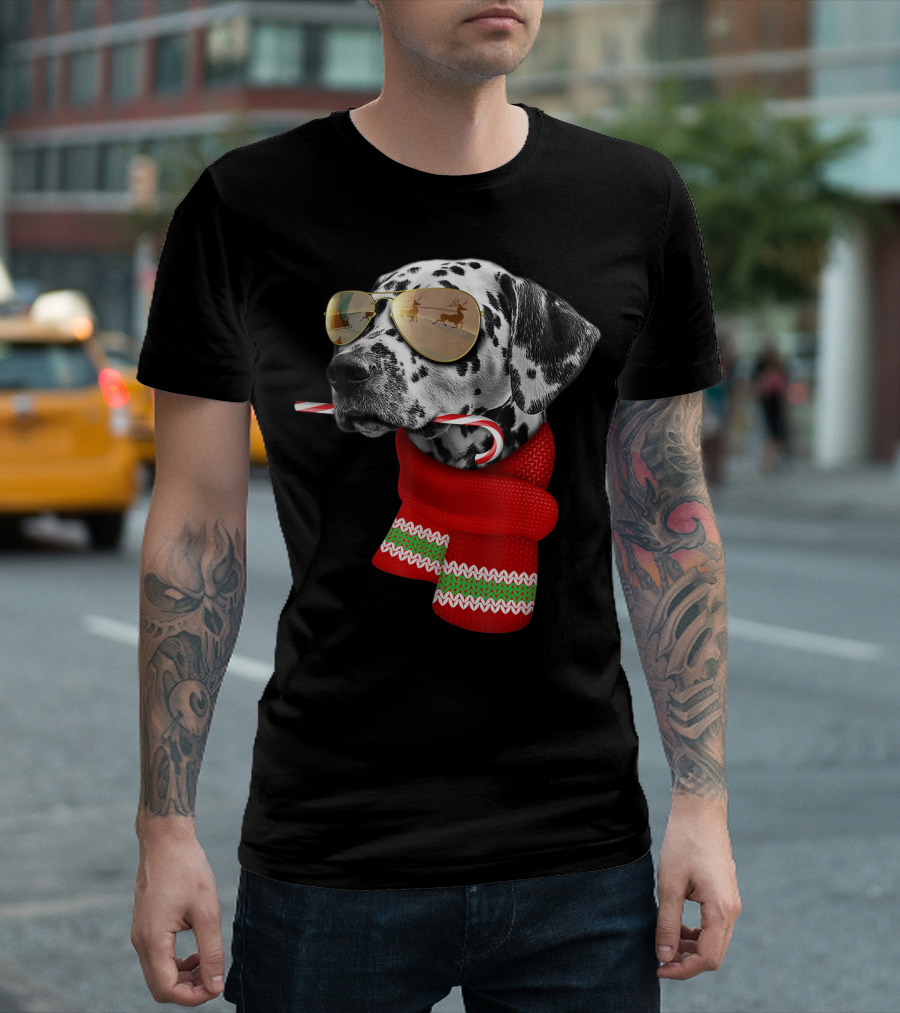 Dalmatian Christmas Dog With Candy Cane And Santa Sunglasses T-Shirt