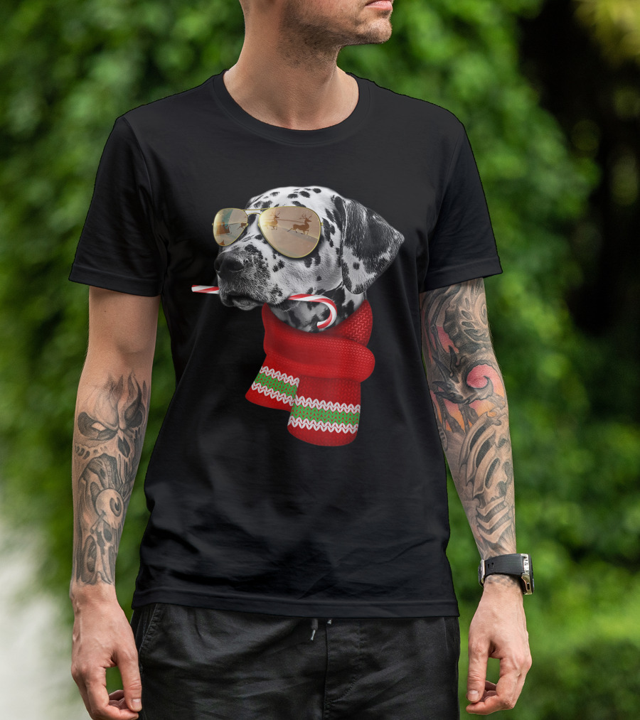 Dalmatian Christmas Dog With Candy Cane And Santa Sunglasses T-Shirt