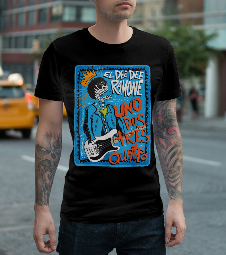 El Dee Dee Ramone Uno Dos Tres Quatro Skull Art with Crown and Heart Guitar T-Shirt