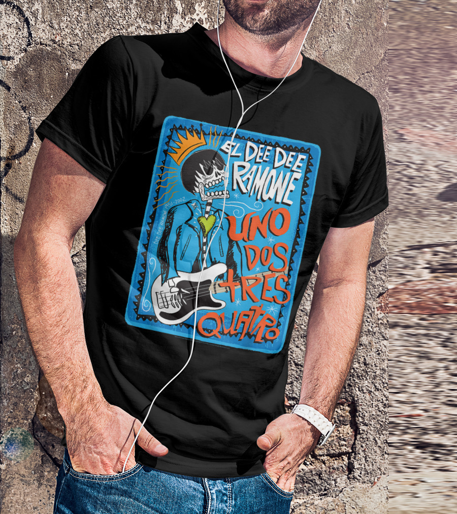 El Dee Dee Ramone Uno Dos Tres Quatro Skull Art With Crown And Heart Guitar T-Shirt