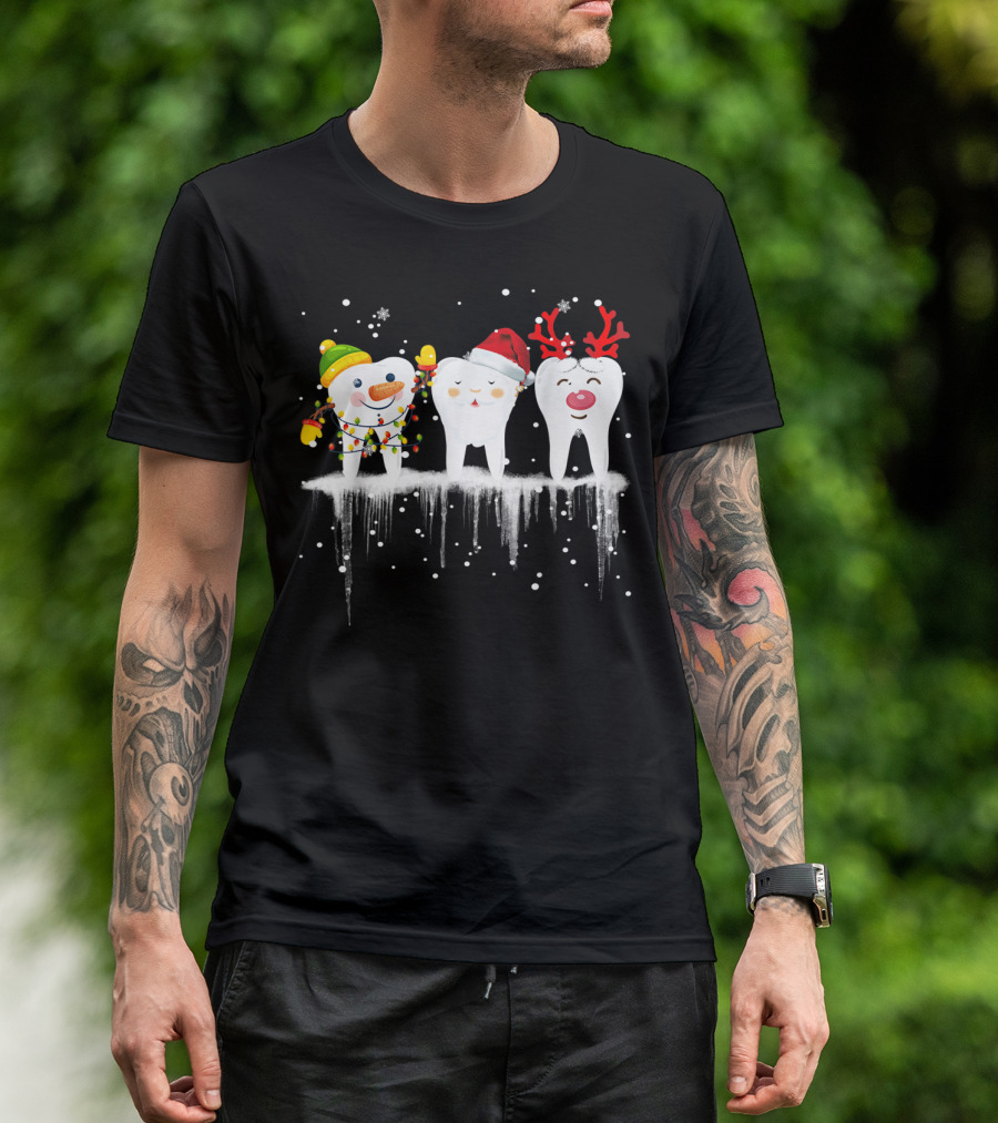 Dental Christmas Tooth Santa Snowman Reindeer Holiday Fun T-Shirt