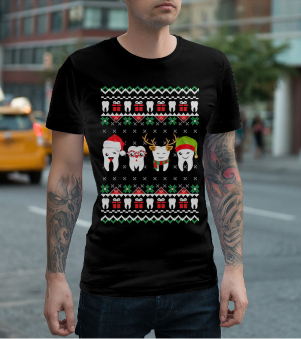 Dentist Ugly Christmas Teeth Santa Reindeer Glasses T-Shirt