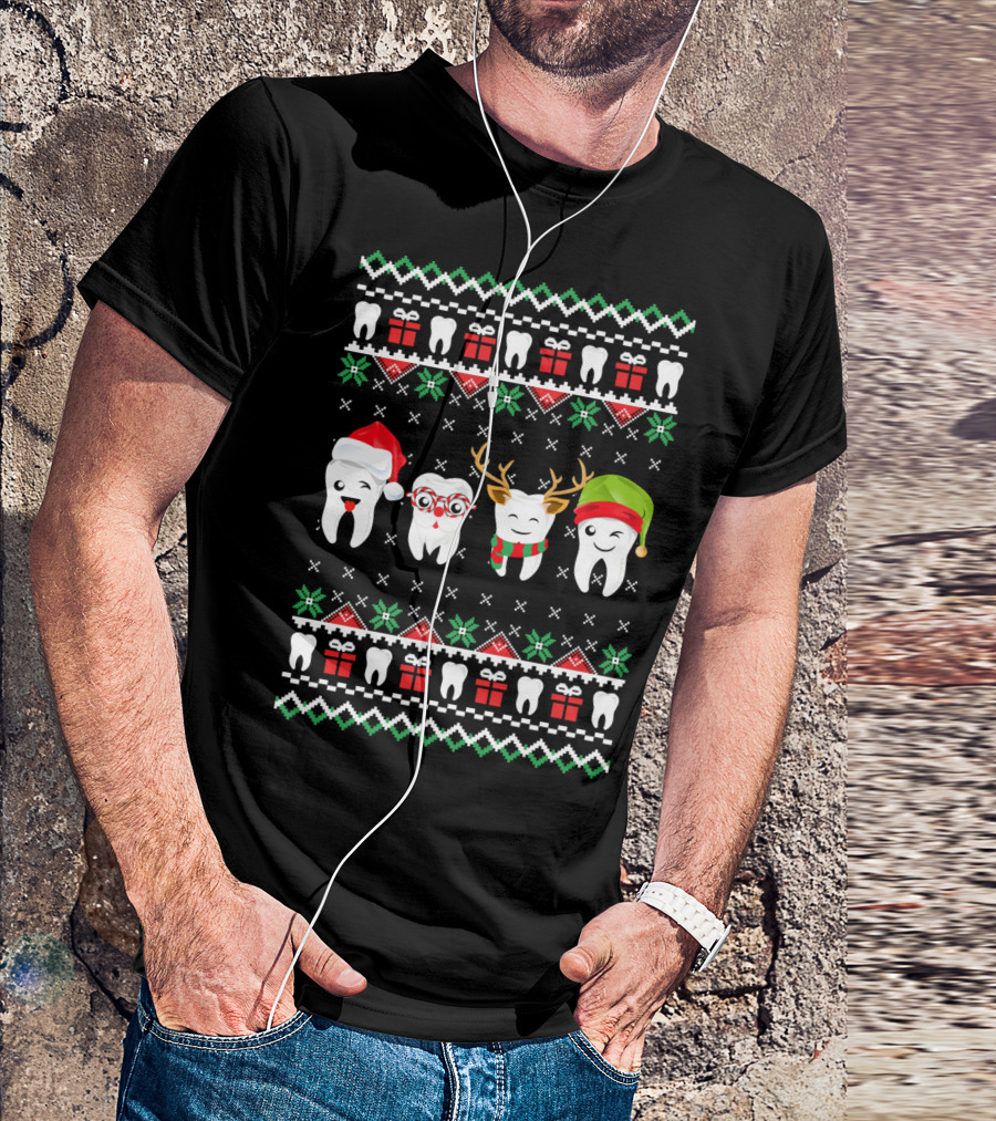 Dentist Ugly Christmas Teeth Santa Reindeer Glasses T-Shirt