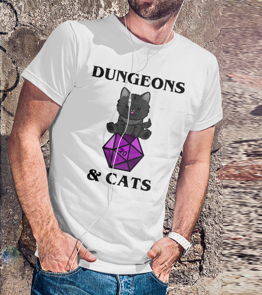 Dungeons And Cats Nerdy RPG Cat Sitting On D20 Dice T-Shirt
