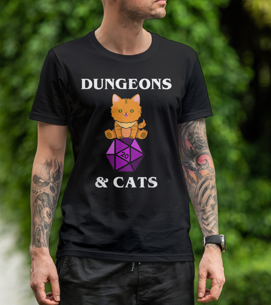 Dungeons And Cats Orange Cat On Purple D20 Dice T-Shirt