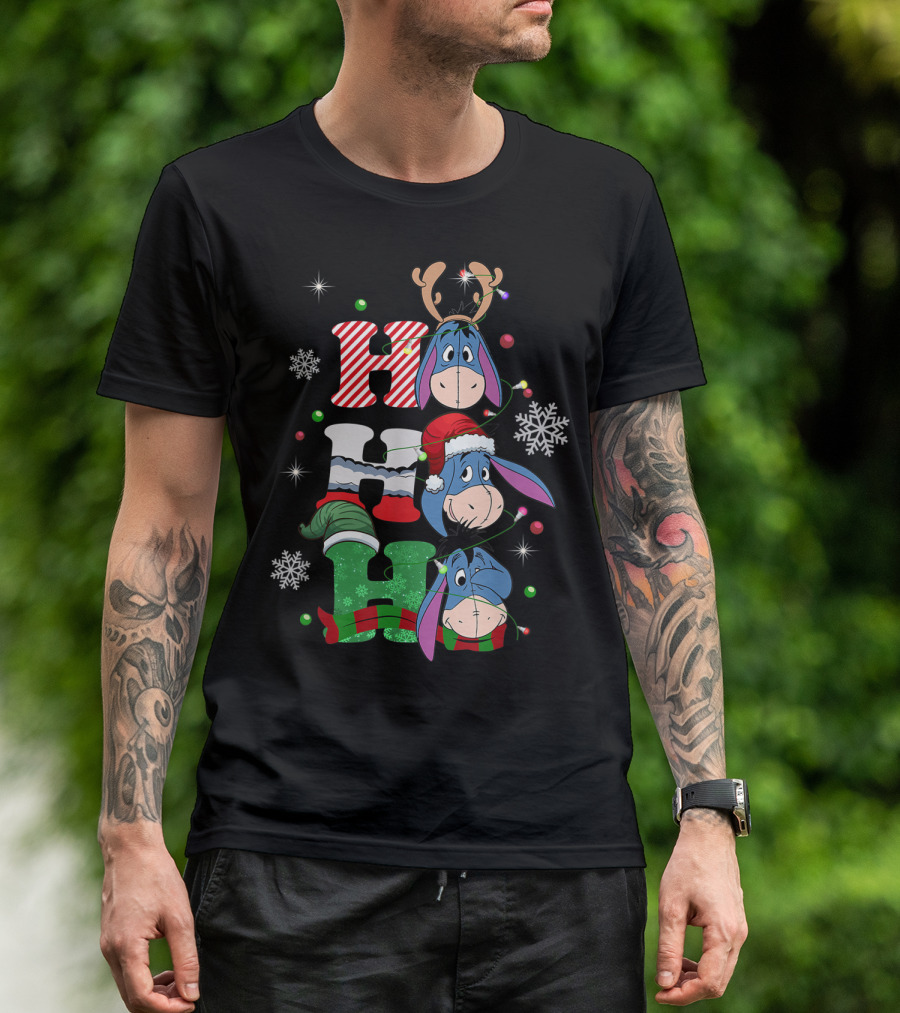 Eeyore Christmas Donkey Santa Reindeer Ho Ho Ho Snowflakes T-Shirt