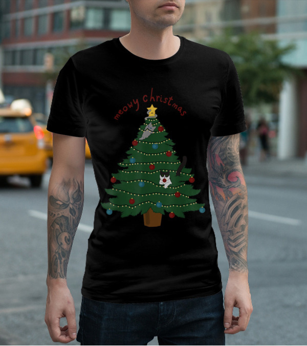 Meowy Christmas Funny Cats In Christmas Tree T-Shirt