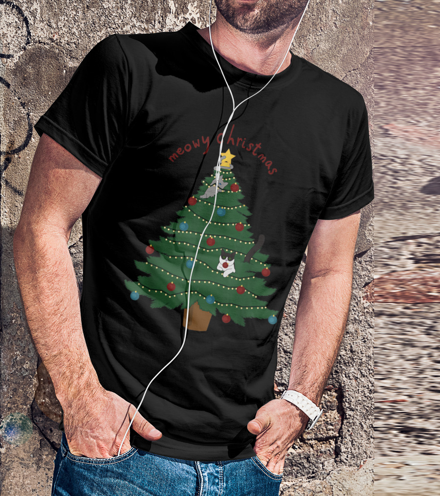 Meowy Christmas Funny Cats In Christmas Tree T-Shirt