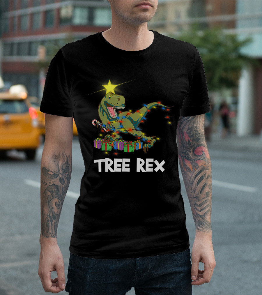Tree Rex Christmas Dinosaur with Star and Gift Lights T-Shirt