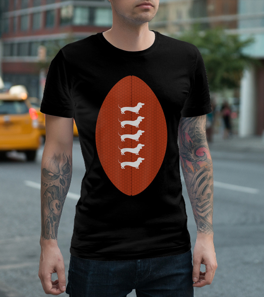 Funny Dachshund Wiener Dog Football Oval Five White Silhouettes On Textured Brown Background T-Shirt