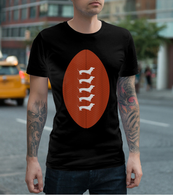 Funny Dachshund Wiener Dog Football Oval Five White Silhouettes On Textured Brown Background T-Shirt