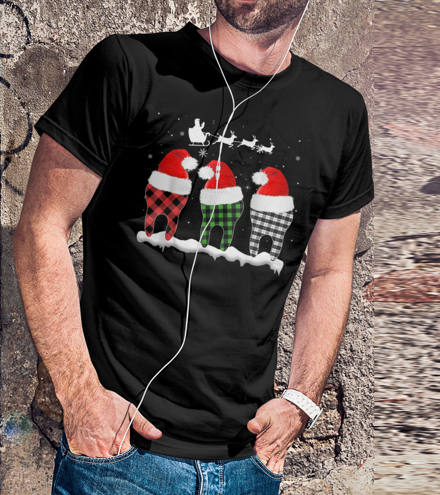 Funny Dentist Hygienists Christmas Pajama Santa Tooth Plaid T-Shirt