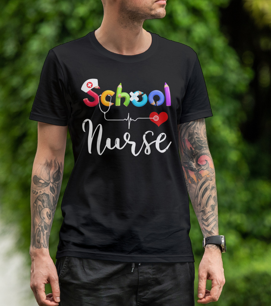 School Nurse Colorful Pencil Heartbeat T-Shirt